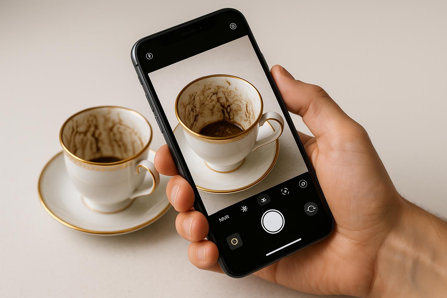 Mobile app interface for photographing Turkish coffee cup with realistic traces