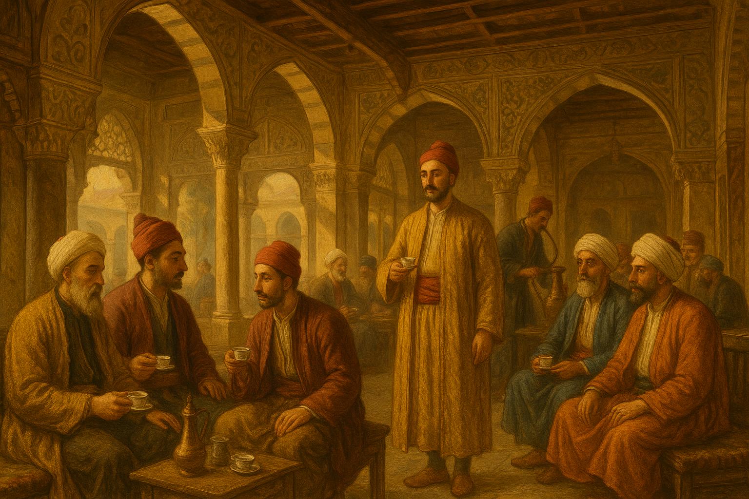 Historical Ottoman Empire coffee house scene