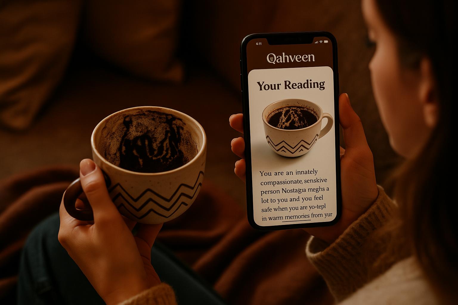 Person using Qahveen app with their unique coffee cup